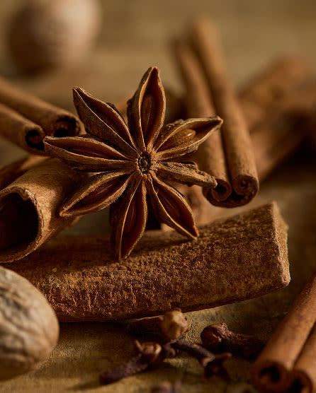 Star anise and cinnamon sticks arranged on a wooden surface with warm brown tones and soft focus background.