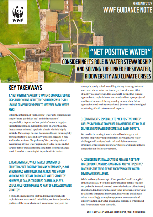 WWF Guidance Note: "Net Positive Water" cover