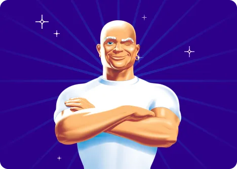 Illustration de Mr.Net, les bras croisés et faisant un clin d’œil, sur un fond violet avec des étoiles et des rayons lumineux.