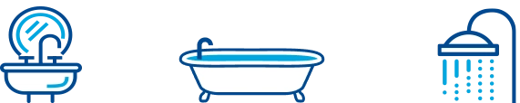 Illustrations of sink with mirror, bathtub, and shower