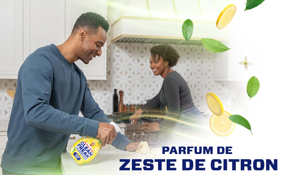 Gens nettoyant une cuisine avec une bruine M. Net Clean Freak au parfum de citron