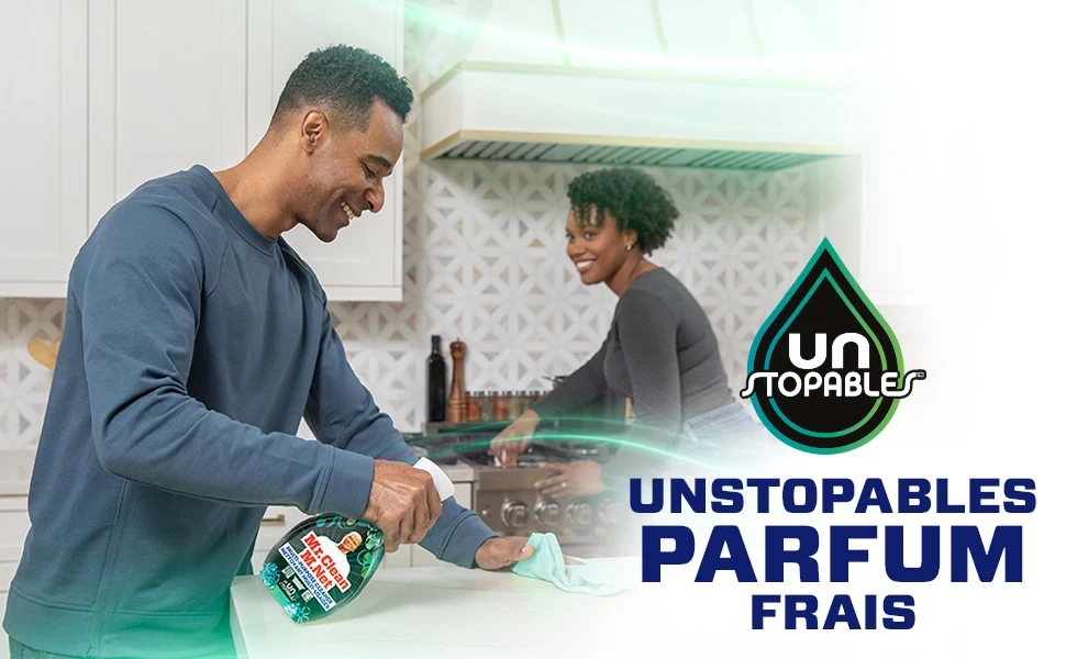 Gens nettoyant une cuisine avec une bruine M. Net Clean Freak au parfum de unstopable