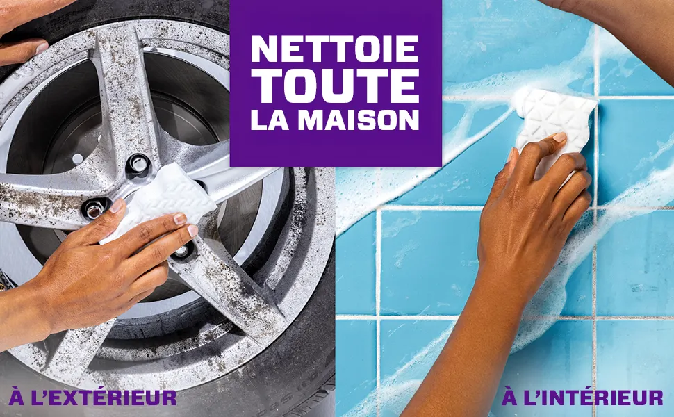 Effaceur magique Ultra moussant M. Net nettoyant une jante de voiture sale et un carrelage de salle de bain, Nettoie toute la maison