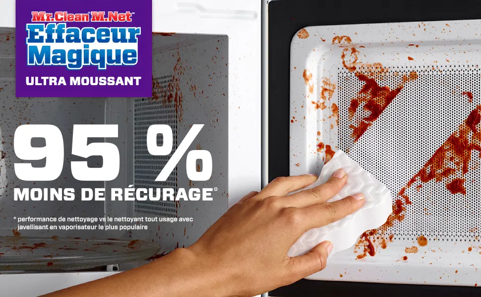 Effaceur magique Ultra moussant M. Net nettoyant un micro-ondes sale, 95 % moins de récurage