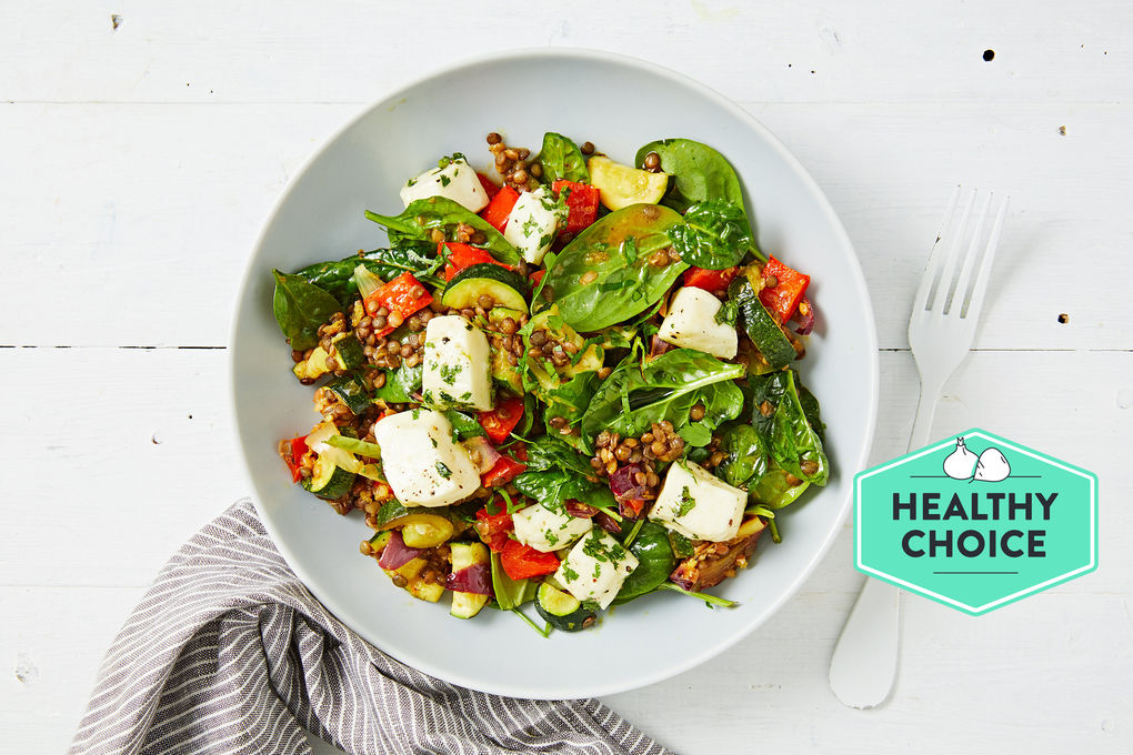 Roasted Veggie and Haloumi Lentils with Baby Spinach