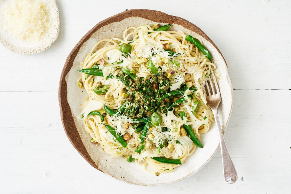 Sicilian Spaghetti with Salsa Verde and Beans