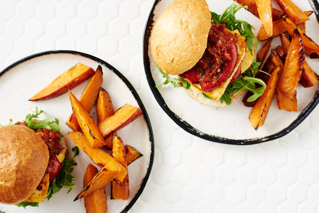 Haloumi and Charred Capsicum Burgers with Sweet Potato Wedges