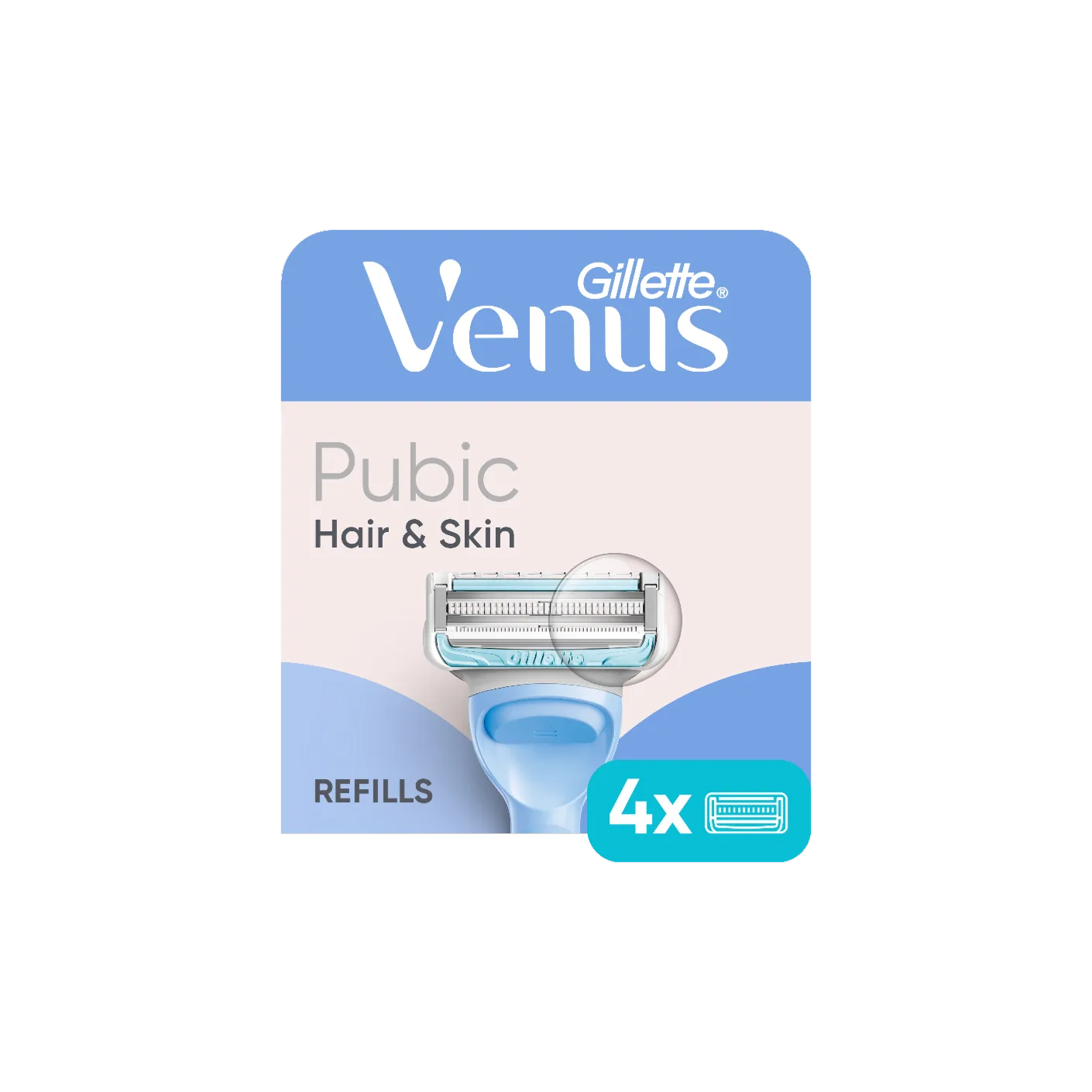 Gillette Venus Pubic Hair & Skin razor refill cartridge on white background