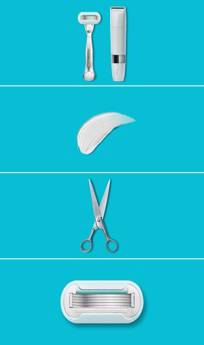 Collage containing images of various Gillette Venus products: Extra smooth razor and Bikini Trimmer, shaving cream, scissors and Extra smooth sensitive blade refill