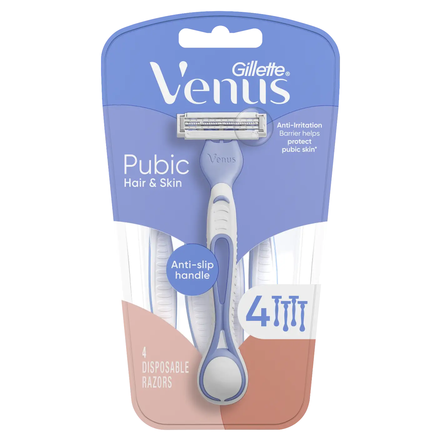 Packaging of Gillette Venus Pubic Hair & Skin disposable razors, 4‑count with anti‑slip handle.