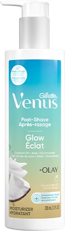 Gillette Venus Glow Post-Shave Oil Infused Moisturizer bottle, uses a pump instead of a regular cap