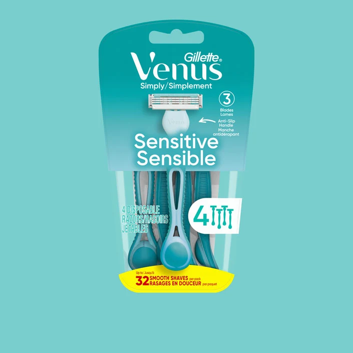 Gillette Venus Simply 3 Sensitive disposable razor pack with 4 razors and text stating 3 blades