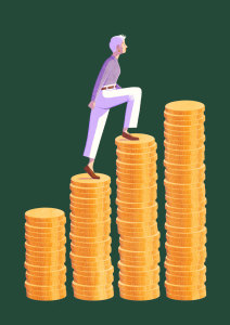 Illustration of a senior woman climbing steps that are made of stacked coins.