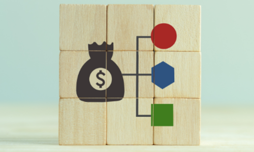 Wooden blocks showing money being distributed to three different places.