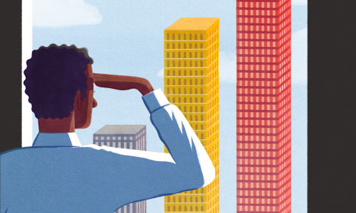 Illustration of a man looking out a window a skyscrapers that ascend in height like a bar chart.