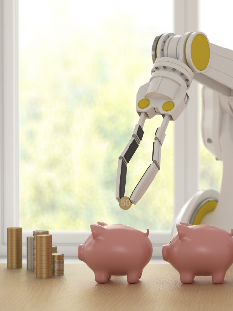 Robot feeding money into a piggy bank to representing automated savings
