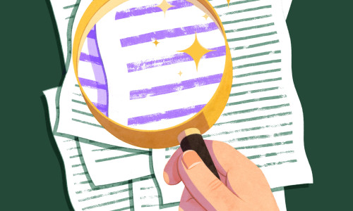Illustration of a stack of papers being looked at through a magnifying glass.