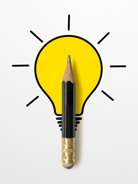 An illuminated lightbulb drawing with a small black pencil placed over it