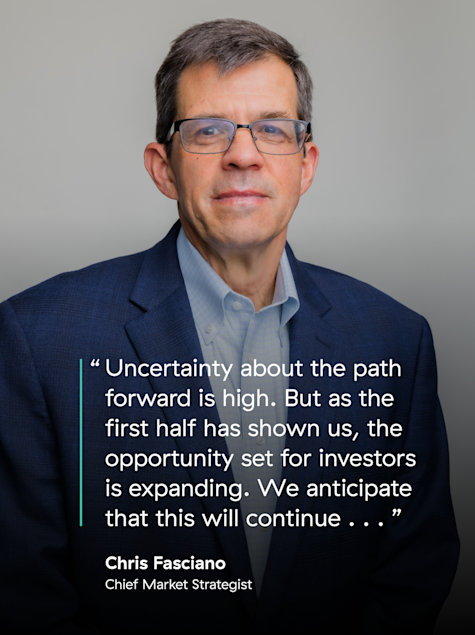 Professional headshot of Chris Fasciano, Chief Market Strategist, Commonwealth with quote overlay; "Uncertainty about the path forward is high. But as the first half has shown us, the opportunity set for investors is expanding. We anticipate that this will continue..."