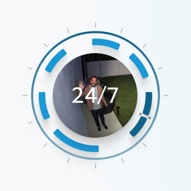 A person waving at a Ring security camera at night with overlay text reading '24/7,' promoting continuous recording with Ring Home Premium.