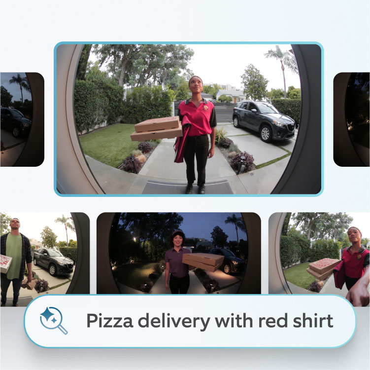 Ring doorbell feed showing pizza delivery person, with AI smart video search identifying and highlighting the event.