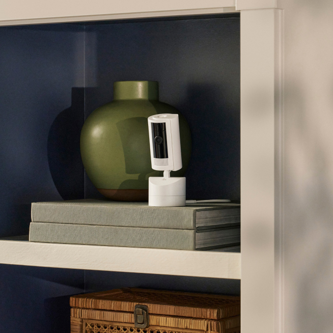 Pan-Tilt Indoor Cam in a bookshelf.