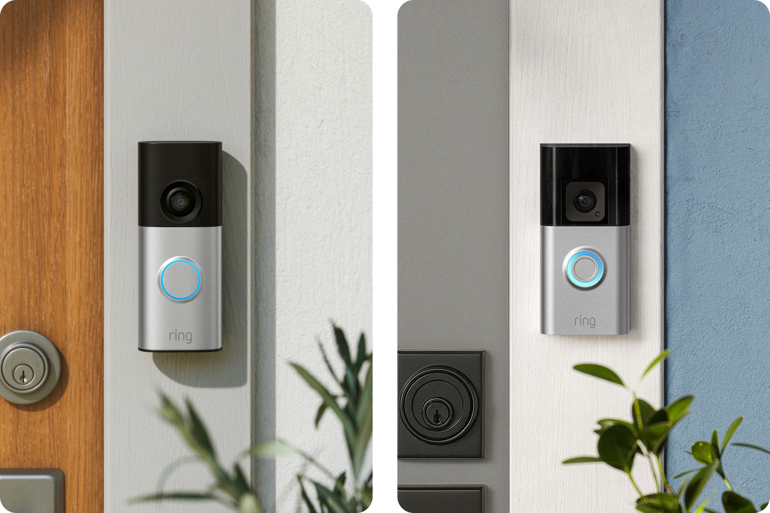 Image collage of different Ring doorbells mounted next to a front door.