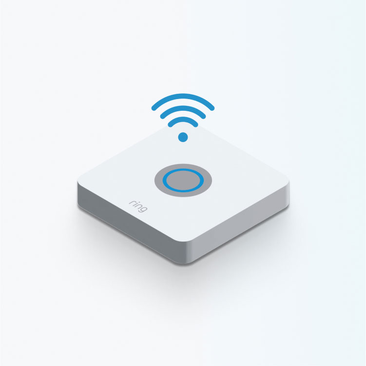 Graphic of a Ring Alarm Base Station with a blue-ringed button and a wireless signal icon above it.