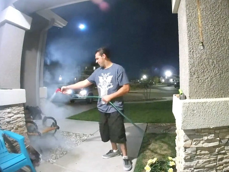 Scenes of the summer. Video of man extinguishing fire.
