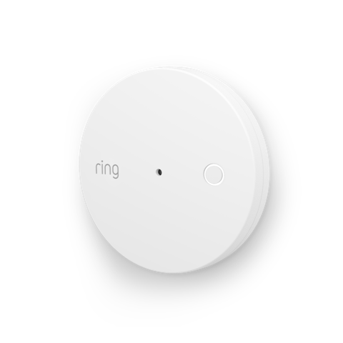 A white, circular Ring Alarm Glass Break Sensor with a small microphone hole and a button.