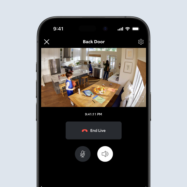 Live Ring camera view of a bright kitchen, showing a child with a basketball and two people near a sink and back door.