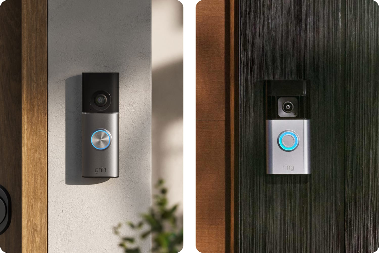 Image collage of different Ring doorbells mounted next to a front door.