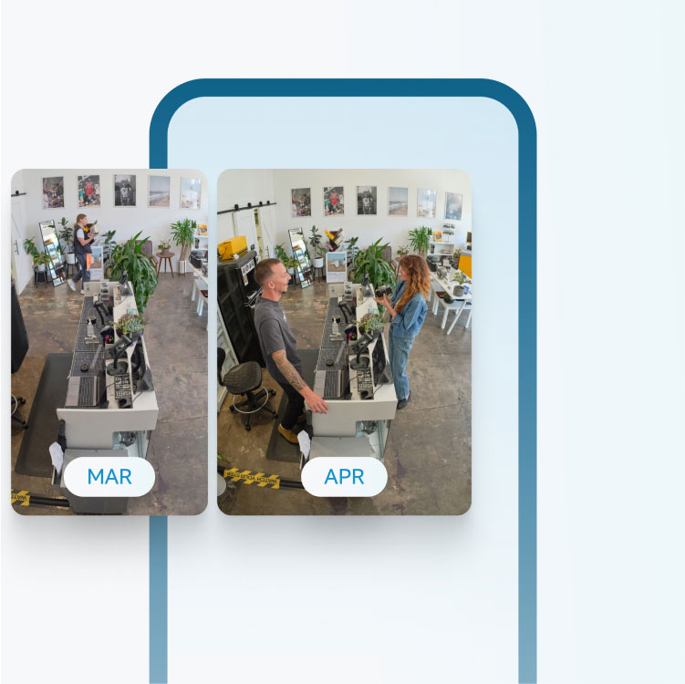 Graphic of smartphone screen with two security camera snapshots of a business counter, labeled 'MAR' and 'APR' showing different interactions representing 180-day video event history storage.