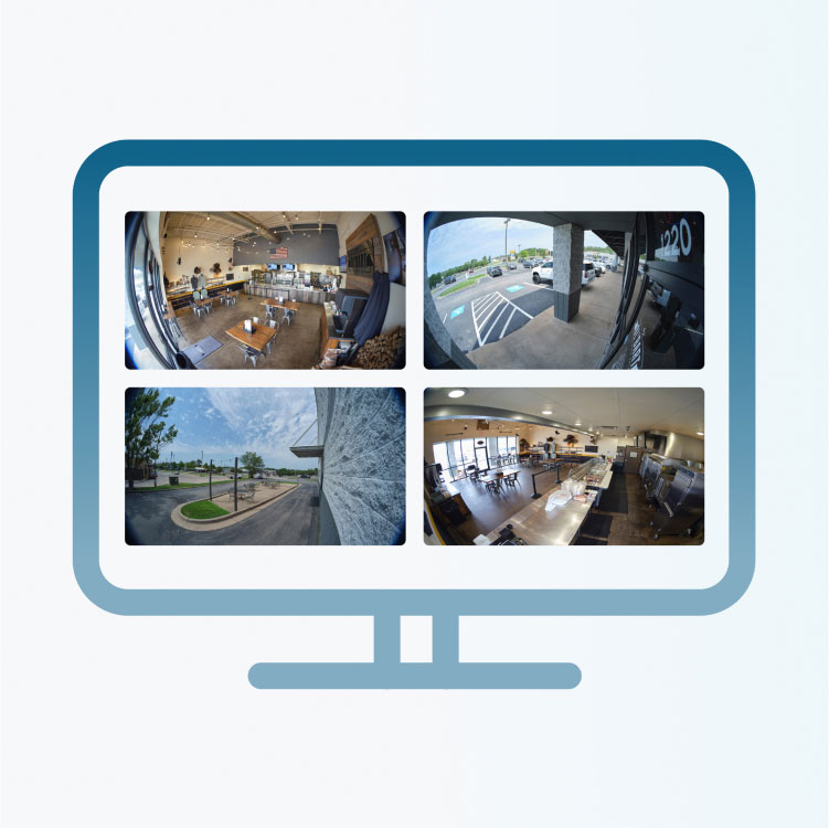 A graphic of a computer monitor screen displays four live security camera feeds, showing indoor and outdoor views of a business, including a cafe, parking lot, and kitchen.