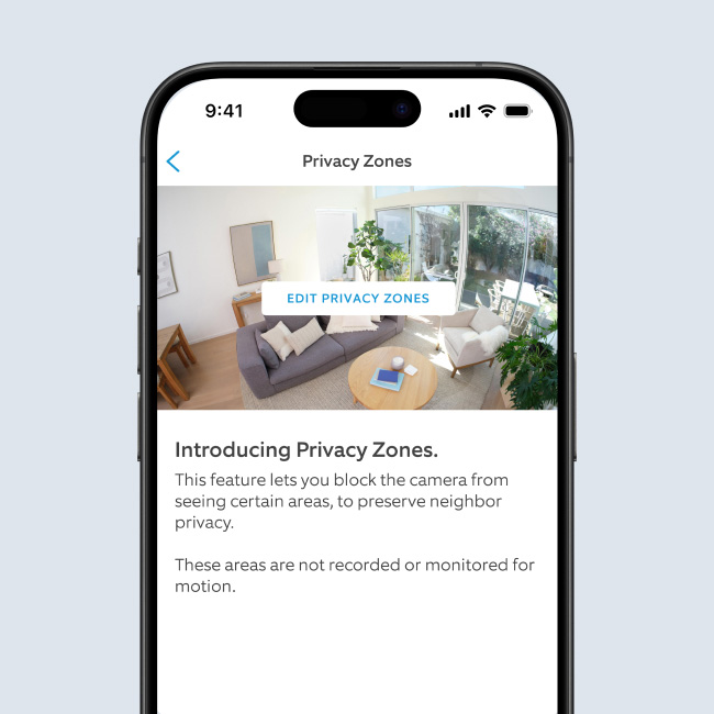Smartphone displaying Ring App Privacy Zones of a living room, introducing customization options.