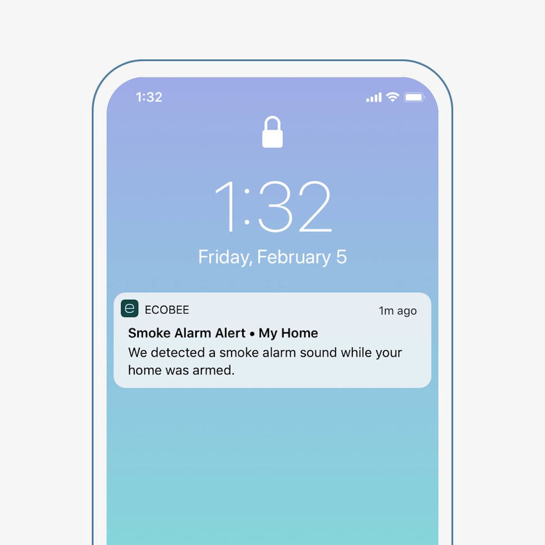 A phone screen shows a notification from ecobee that says "Smoke alarm alert- My home: We detected a smoke alarm sound while your home was armed."