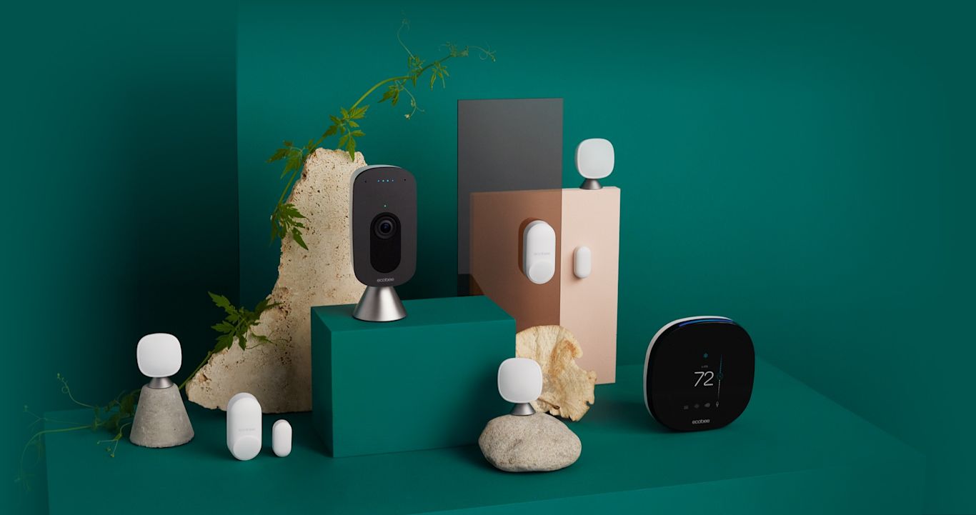 The ecobee suite of products on a green background.