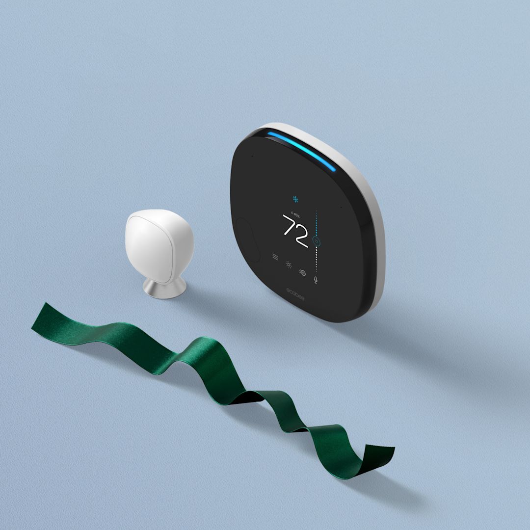 ecobee SmartThermostat with voice control with SmartSensor on a blue background