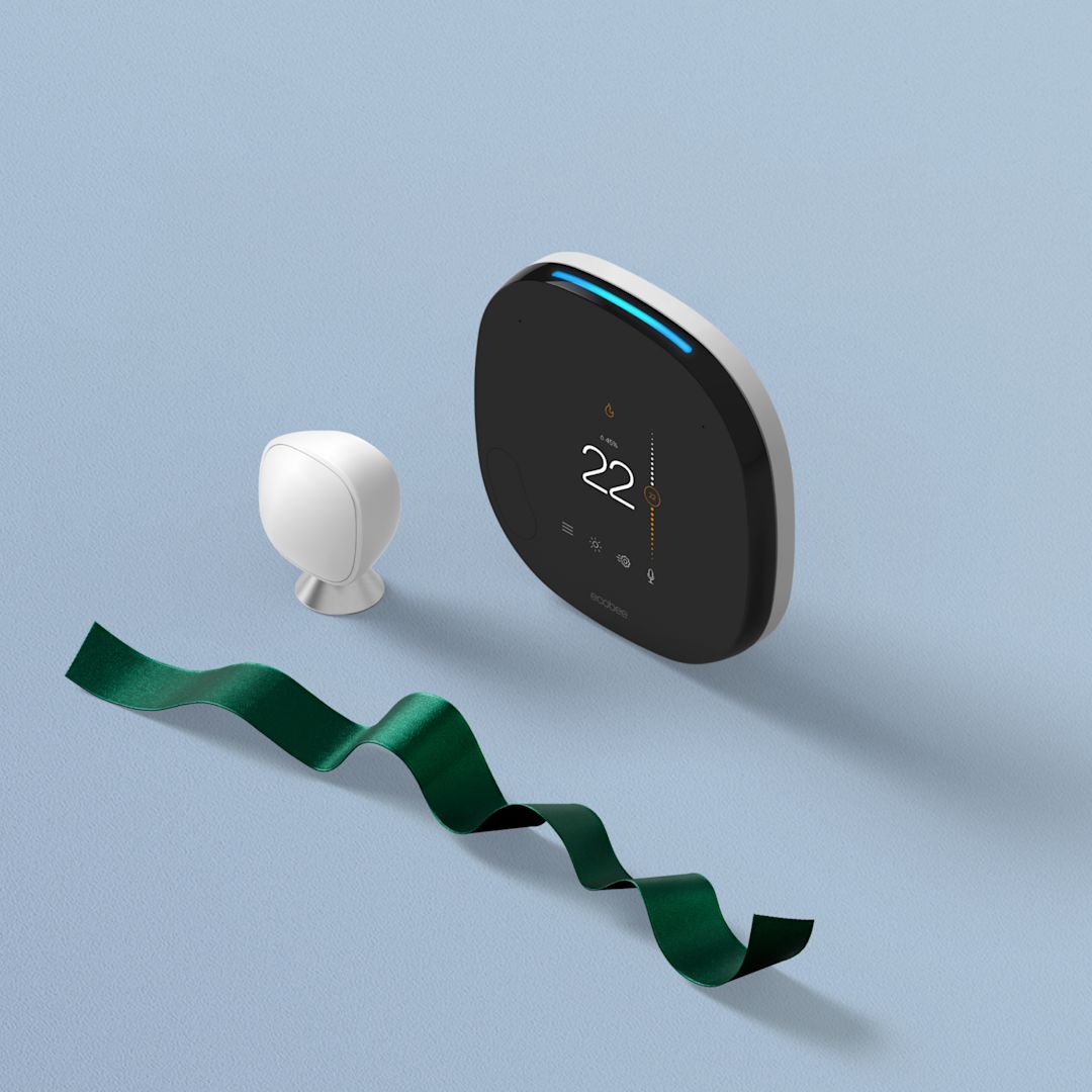 ecobee SmartThermostat with voice control with SmartSensor on a blue background