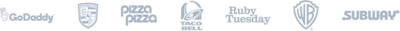 The logos for GoDaddy, Porsche, Pizza Pizza, Taco Bell, Ruby Tuesday, Warner Bros., and Subway.