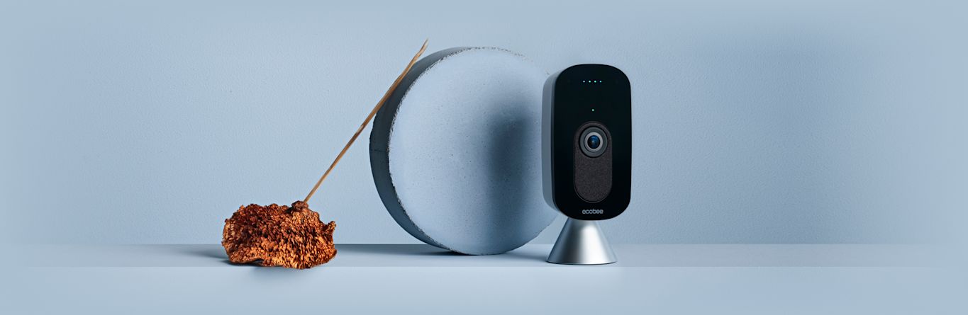 The ecobee SmartCamera on a blue background.