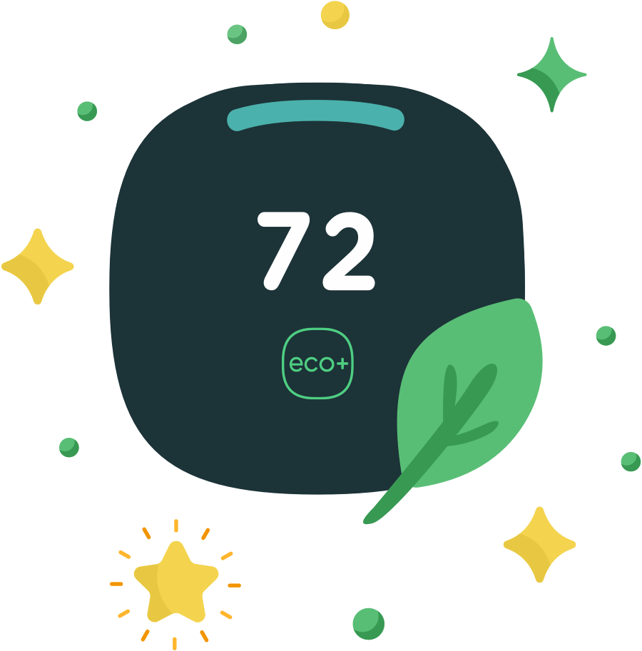 Illustration of an ecobee smart thermostat with a leaf overlapping