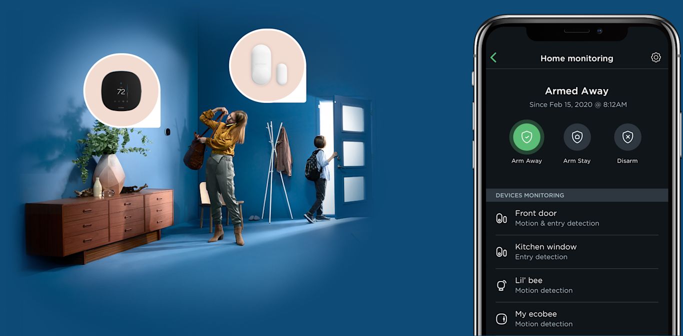 A woman and child prepare to leave their home. Ecobee smartsensors and thermostat are visible on the wall. A phone screen shows the ecobee app saying the home is armed.