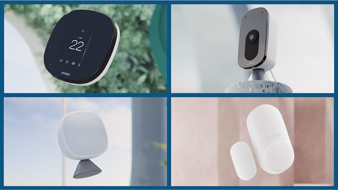 An image split into four quadrants. In the top left quadrant is a SmartCamera. In the top right quadrant is a SmartSensor. In the bottom left quadrant is a SmartSensor for doors and windows. In the bottom right quadrant is a SmartThermostat