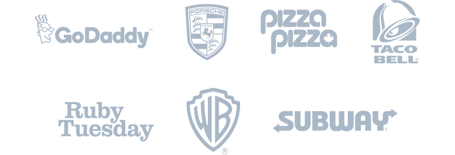 The logos for GoDaddy, Porsche, Pizza Pizza, Taco Bell, Ruby Tuesday, Warner Bros., and Subway.