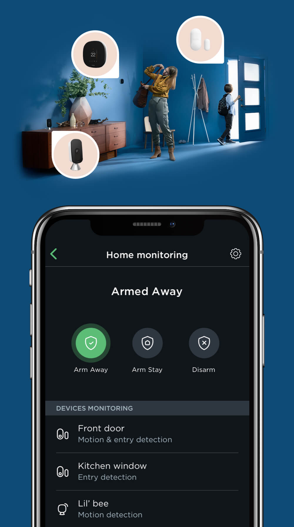 home monitoring ecosystem with camera, thermostat, and contact sensor. Alerts in phone as family leaves home.