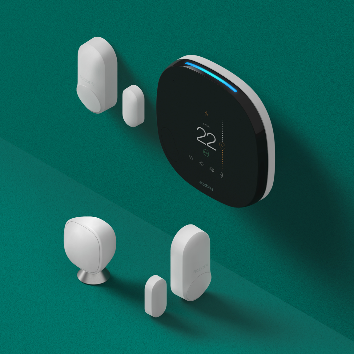 ecobee SmartThermostat with voice control, door and window sensors, and SmartSensors on a green background