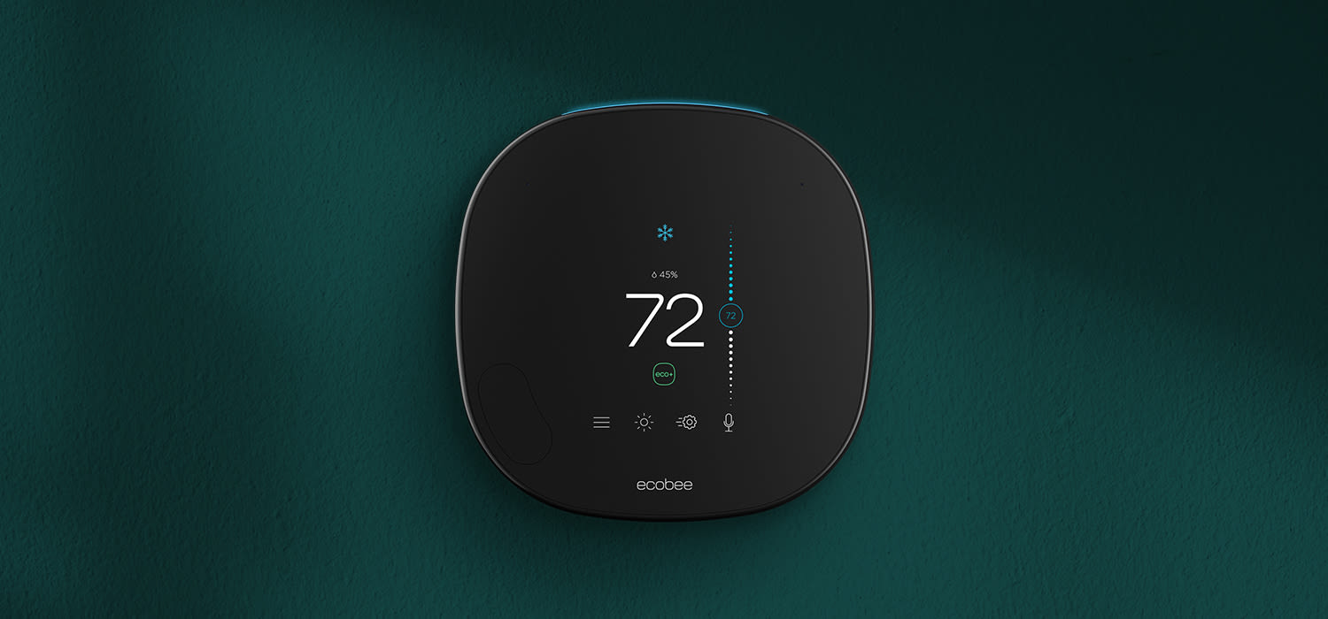 ecobee thermostat on a green background.