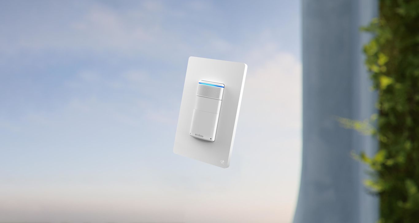 Switch + energy efficient light switch floating on blue background.