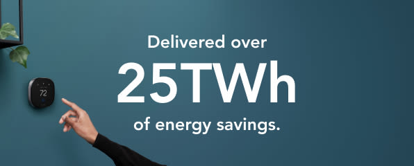 A hand reaches out to touch the ecobee thermostat on a blue wall. The text "Delivered over 25TWh of energy savings."